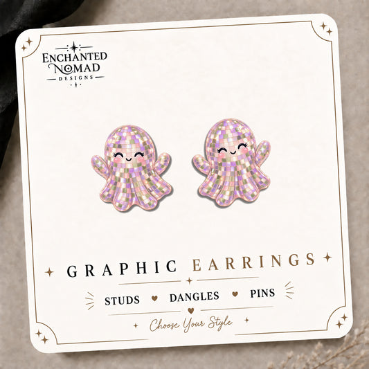 Pink Disco Ghost Stud Earrings on the tilted Enchanted Nomad Designs card