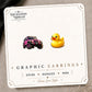 Pink Jeep & Rubber Duck Stud Earrings on the tilted Enchanted Nomad Designs card