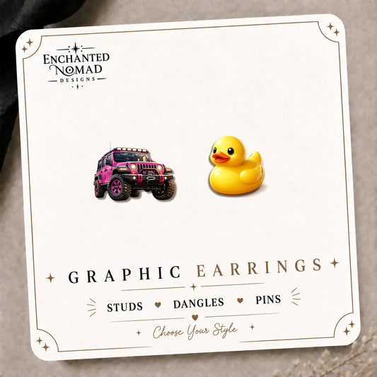 Pink Jeep & Rubber Duck Stud Earrings on the tilted Enchanted Nomad Designs card