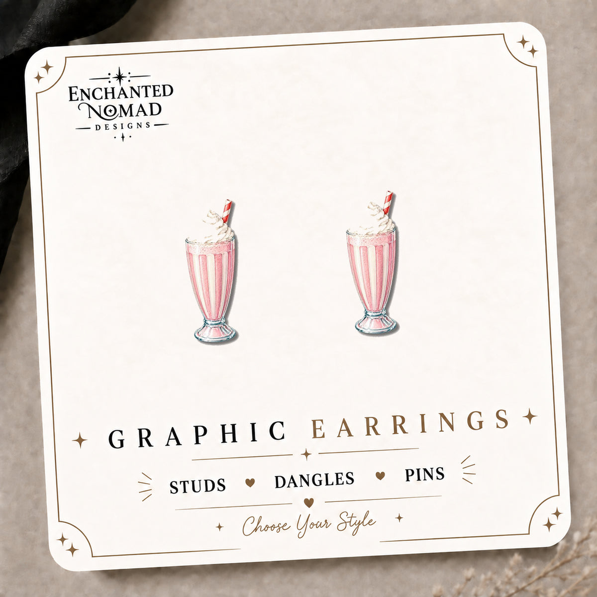 Pink Milkshake Stud Earrings on the tilted Enchanted Nomad Designs card
