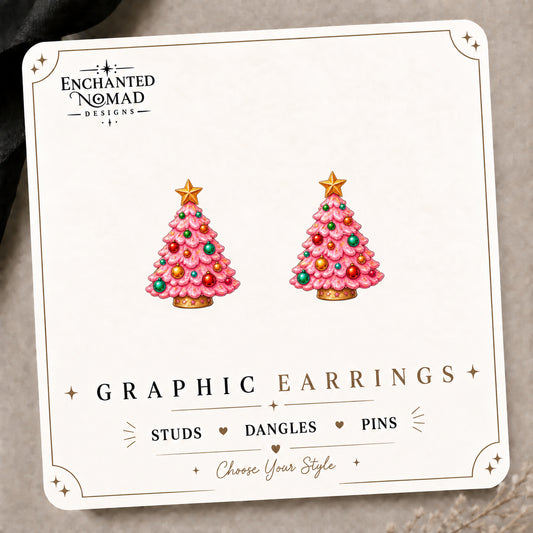 Pink Ornament Christmas Tree Stud Earrings on the tilted Enchanted Nomad Designs card