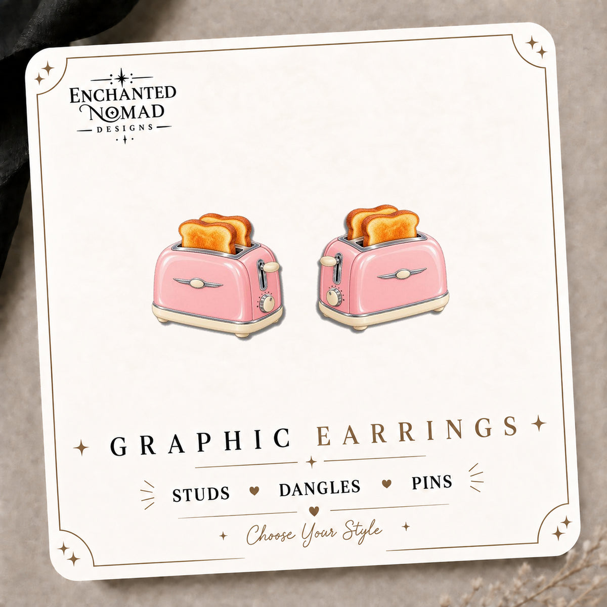 Pink Retro Toaster Stud Earrings & Charm on the tilted Enchanted Nomad Designs card