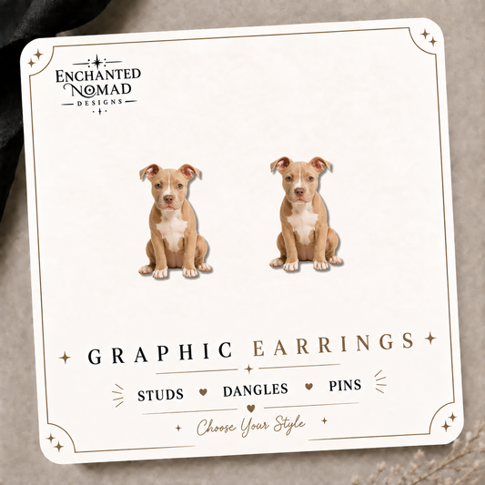 Pit Bull Puppy Stud Earrings on the tilted Enchanted Nomad Designs card