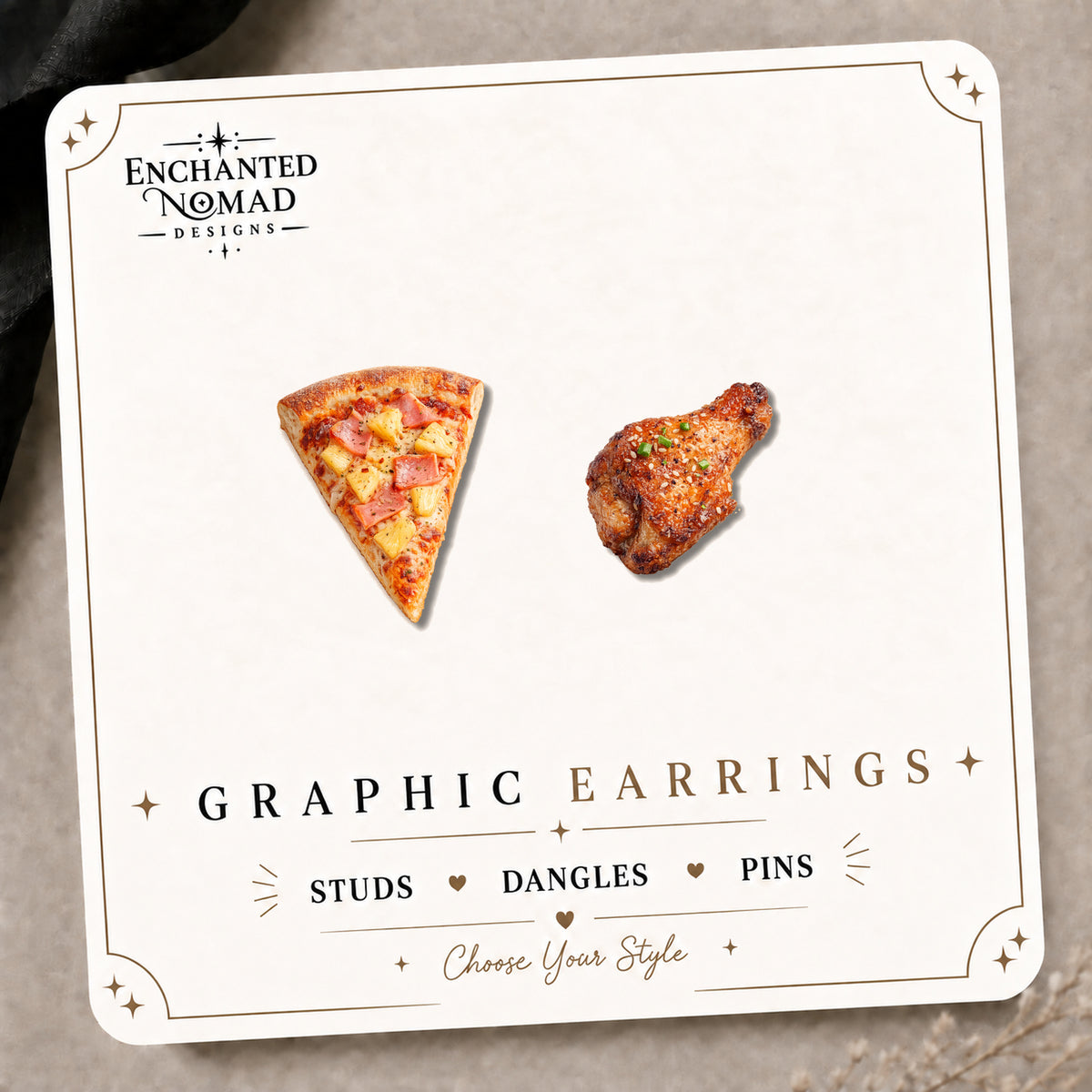Pizza and Chicken Wing Stud Earrings on the tilted Enchanted Nomad Designs card