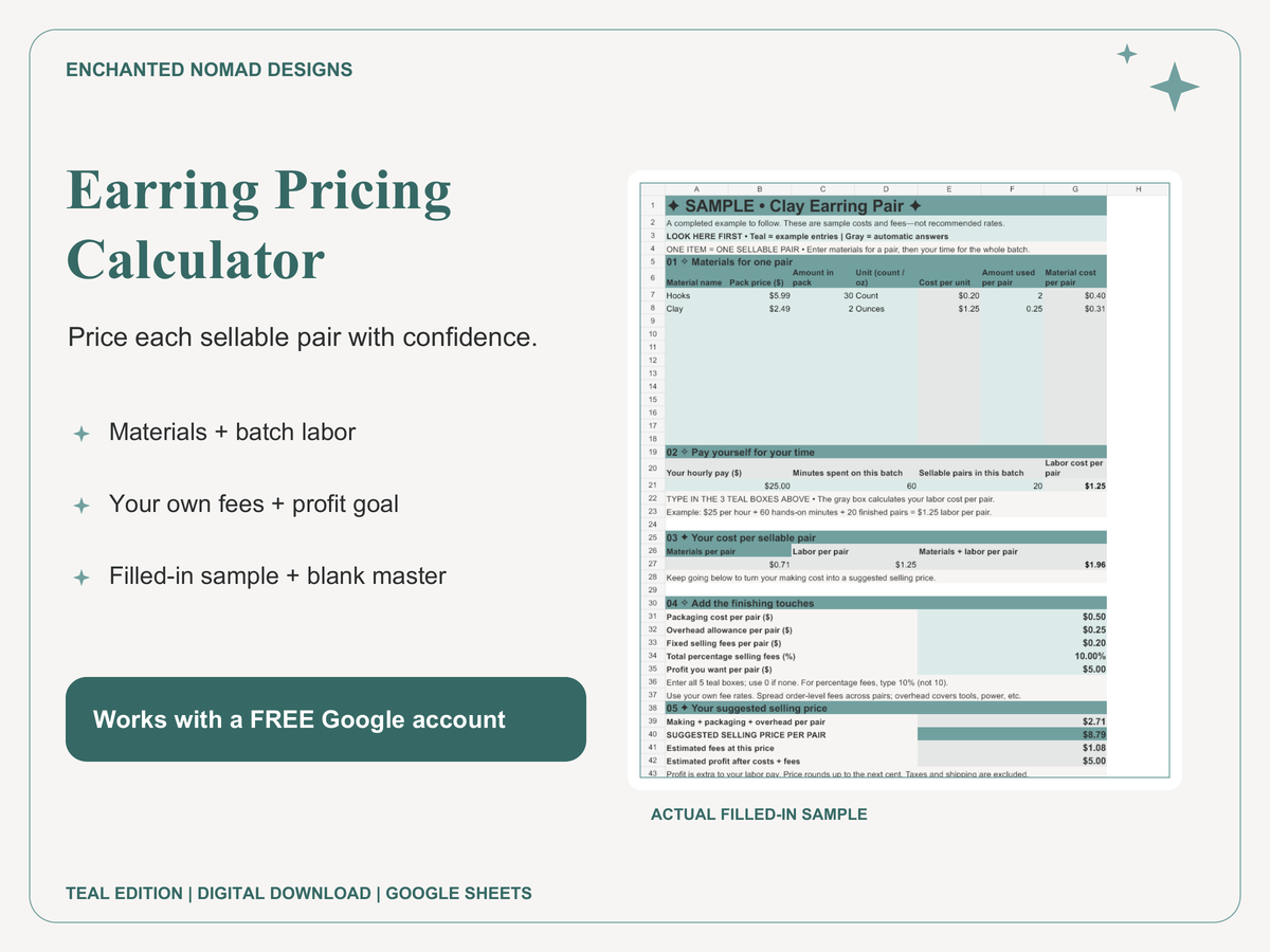 Earring Pricing Calculator — Google Sheets Template — Teal Edition