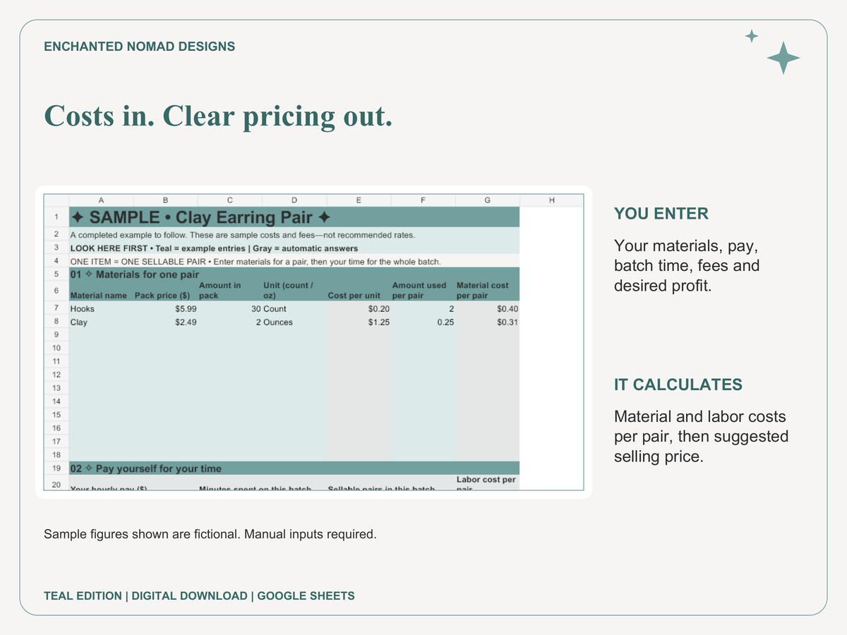 Earring Pricing Calculator — Google Sheets Template — Teal Edition