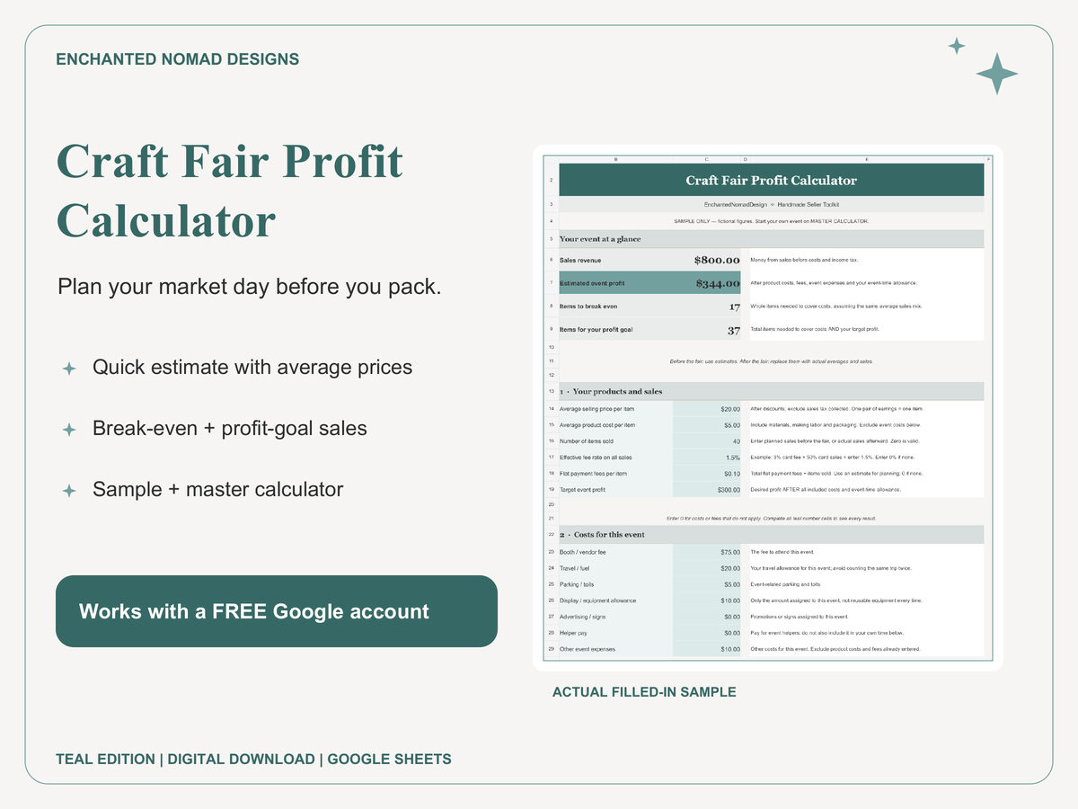Craft Fair Profit Calculator — Google Sheets Template — Teal Edition