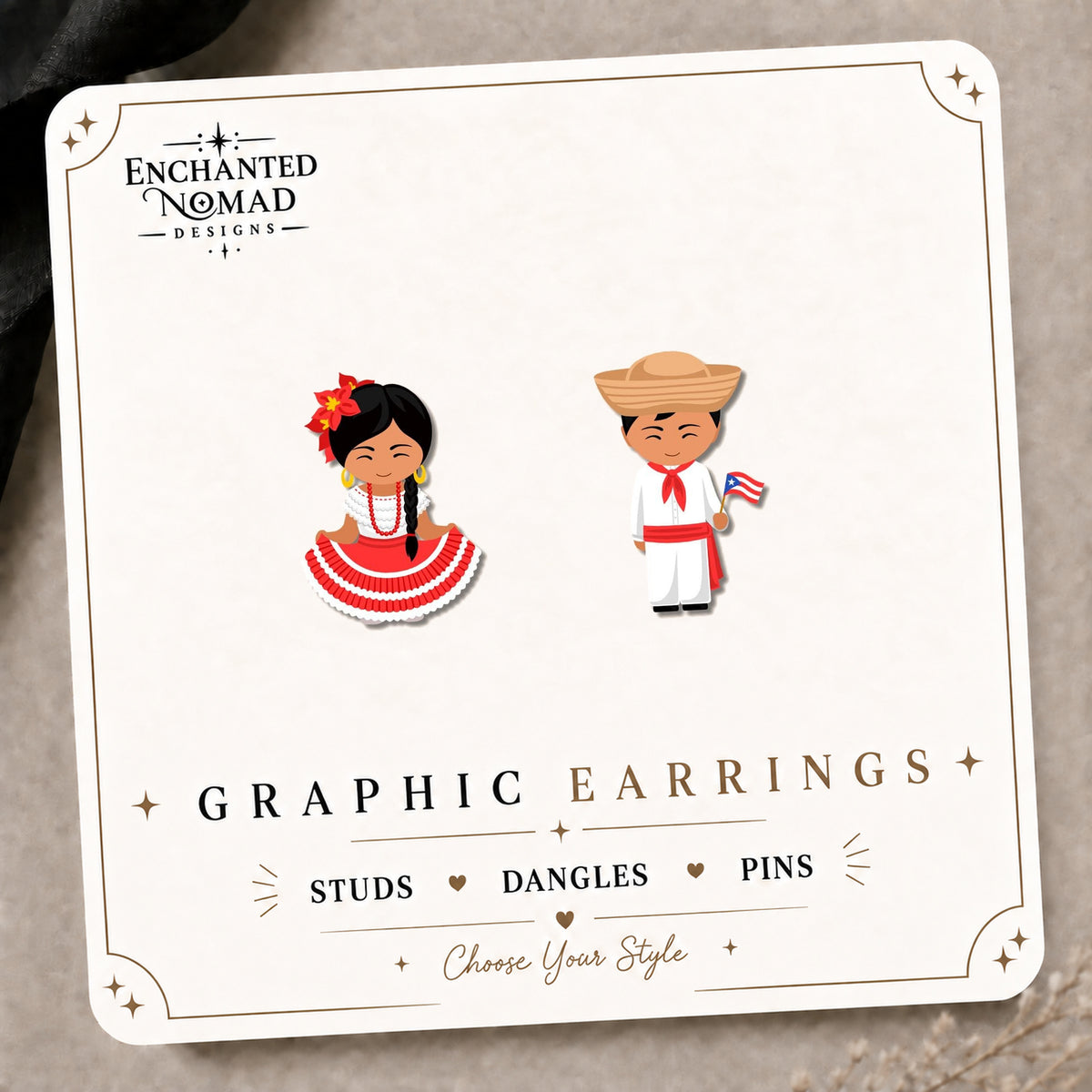 Puerto Rican Folkloric Dancer Earrings & Pins on the tilted Enchanted Nomad Designs card