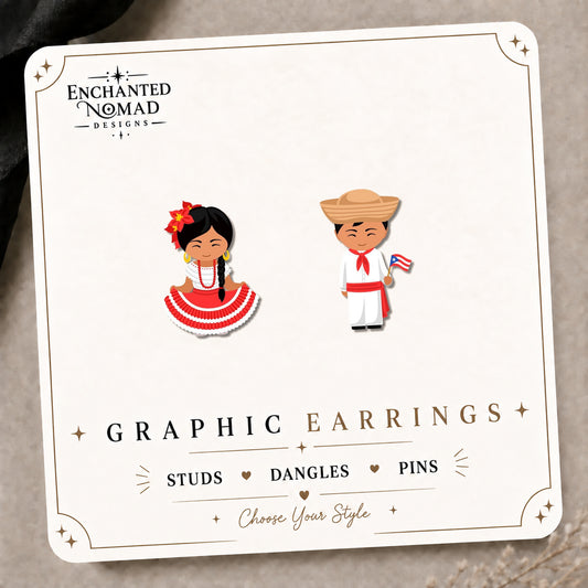 Puerto Rican Folkloric Dancer Earrings & Pins on the tilted Enchanted Nomad Designs card