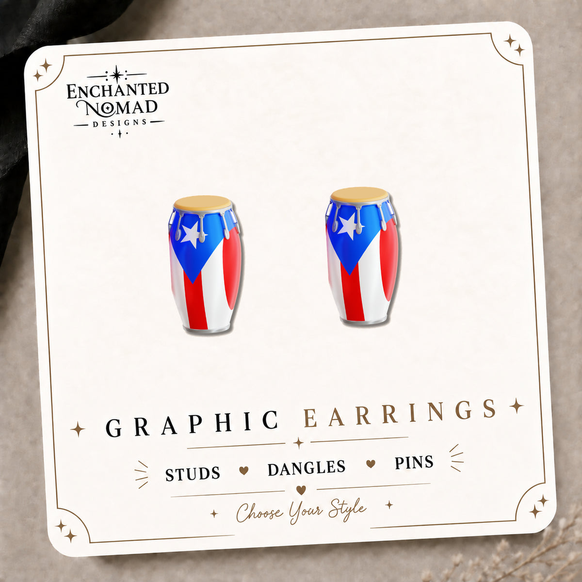 Puerto Rico Coquí Drum Stud Earrings on the tilted Enchanted Nomad Designs card
