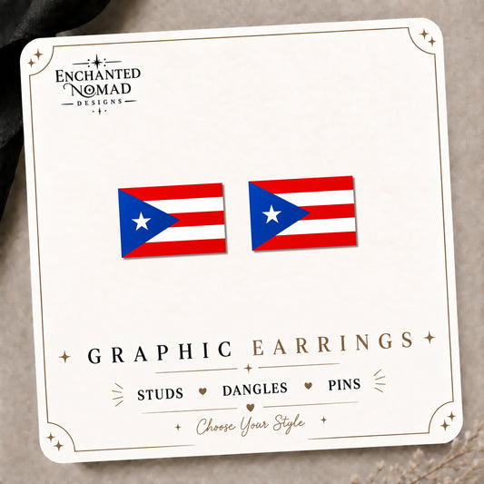 Puerto Rico Flag Earrings & Pins on the tilted Enchanted Nomad Designs card