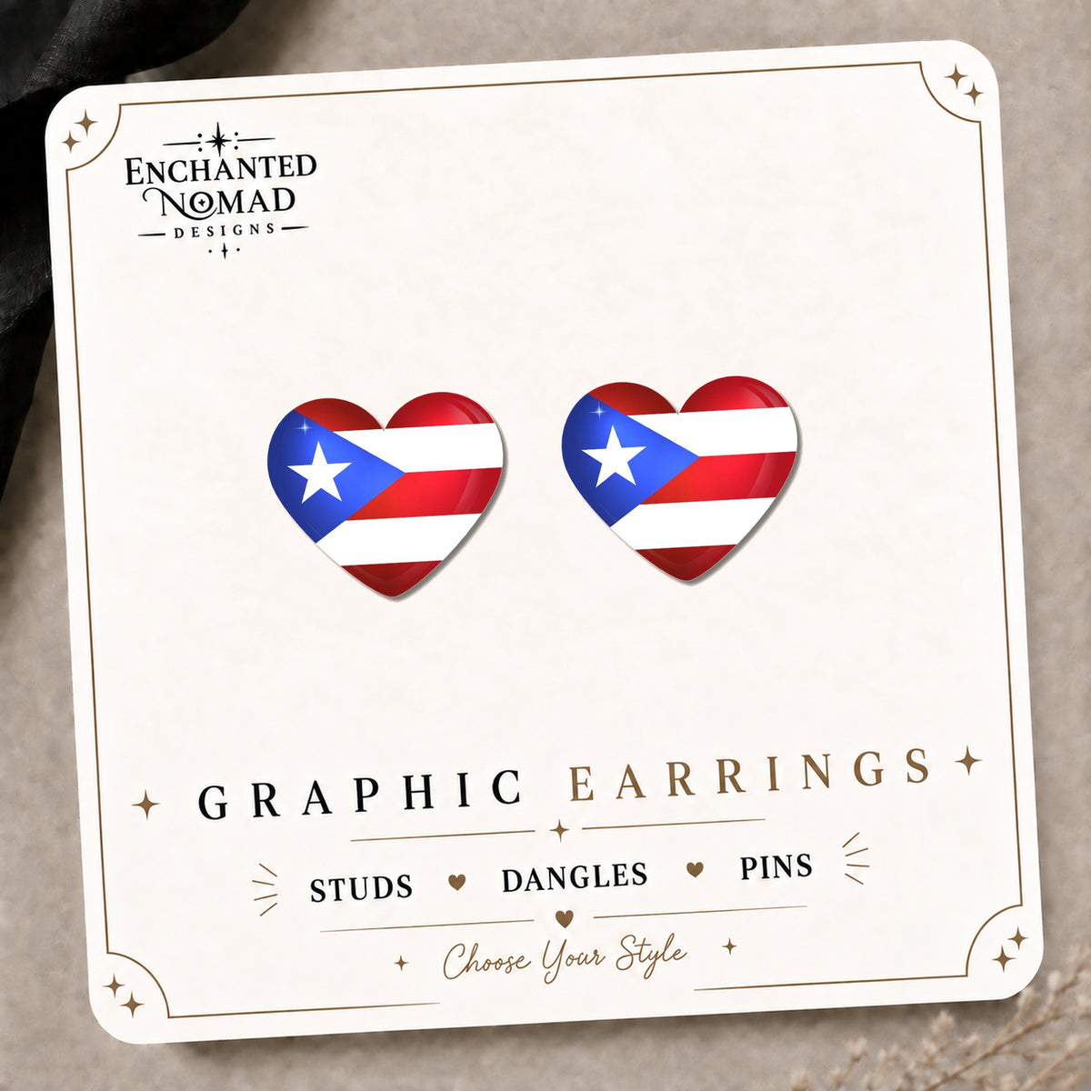 Puerto Rico Flag Heart Stud Earrings on the tilted Enchanted Nomad Designs card