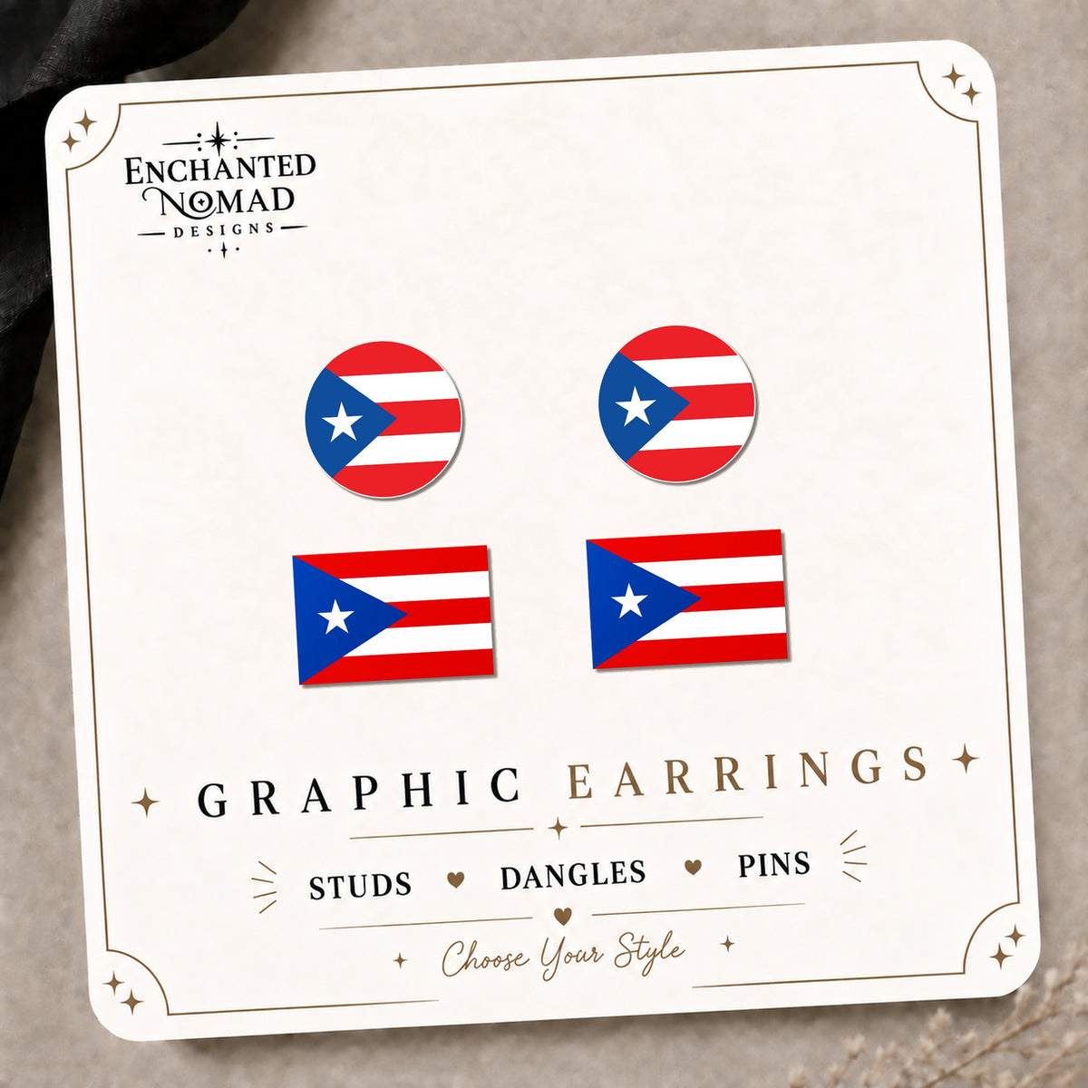 Puerto Rico flag earrings showing both matching round and rectangle pairs on the Enchanted Nomad Designs card