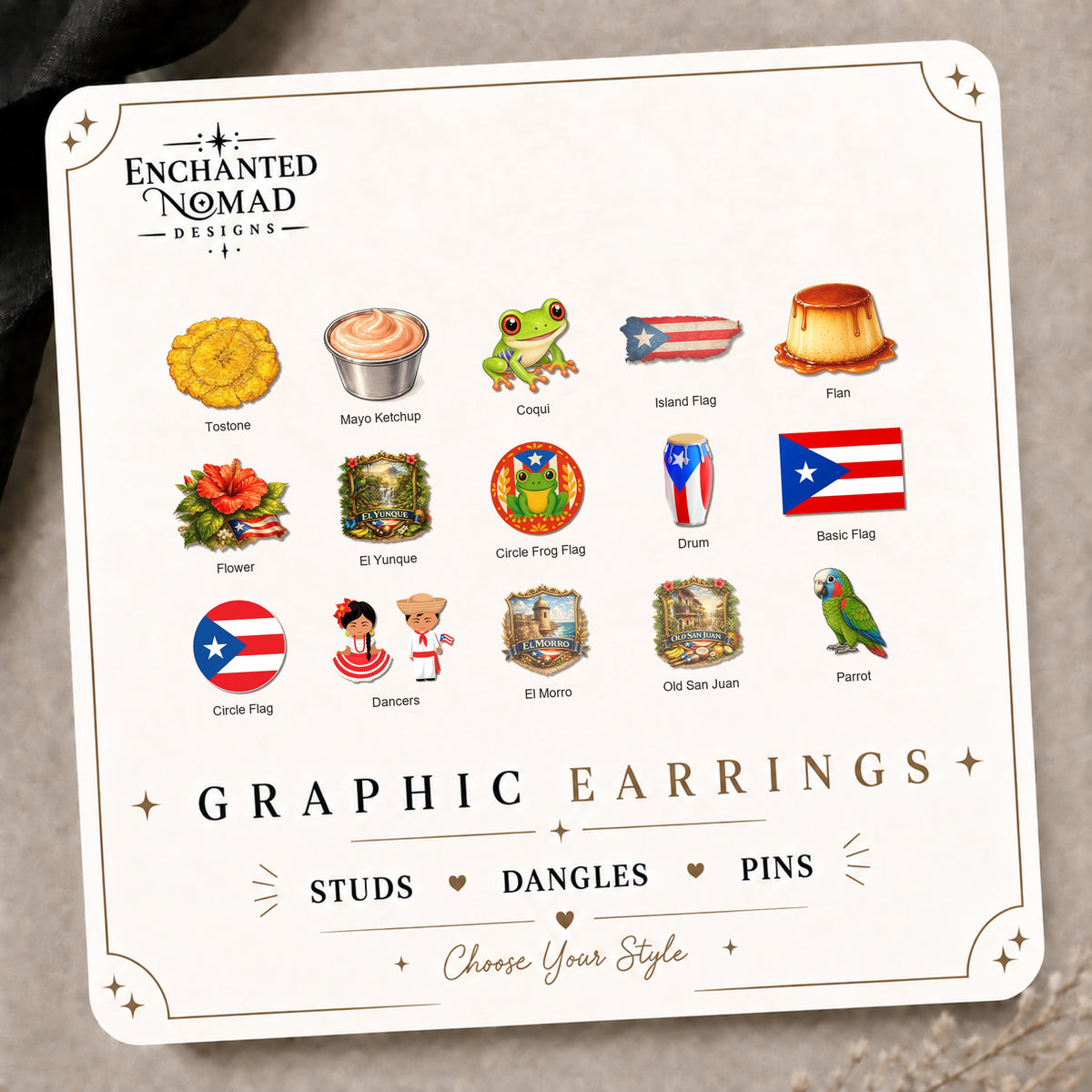 Puerto Rico Inspired Stud Earrings Collection on the tilted Enchanted Nomad Designs card