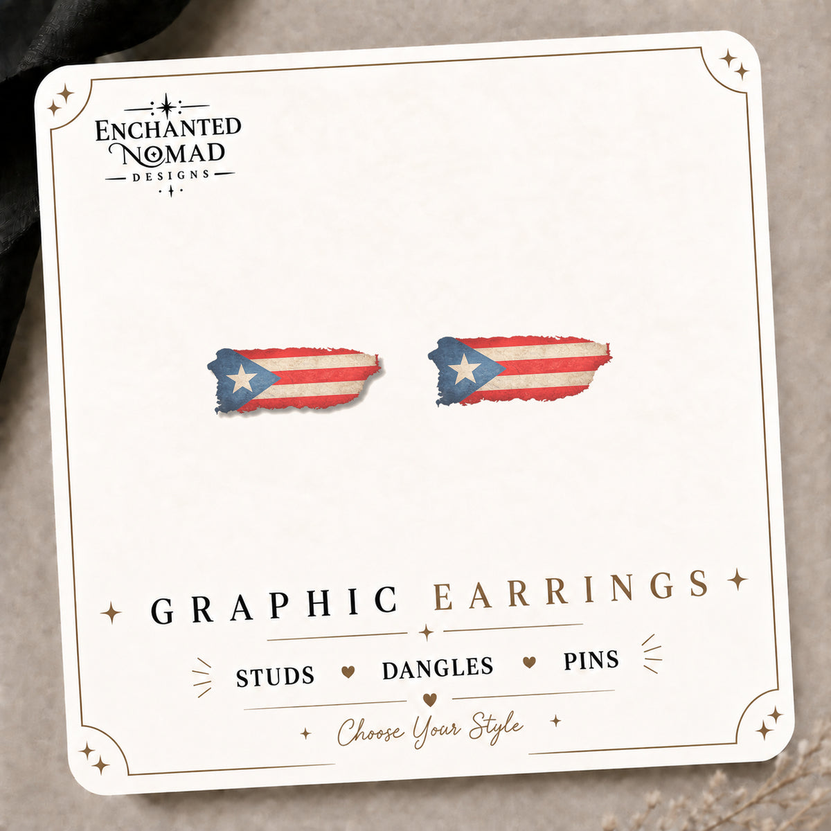 Puerto Rico Island Stud Earrings on the tilted Enchanted Nomad Designs card