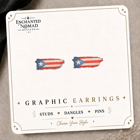 Puerto Rico Island Stud Earrings on the tilted Enchanted Nomad Designs card