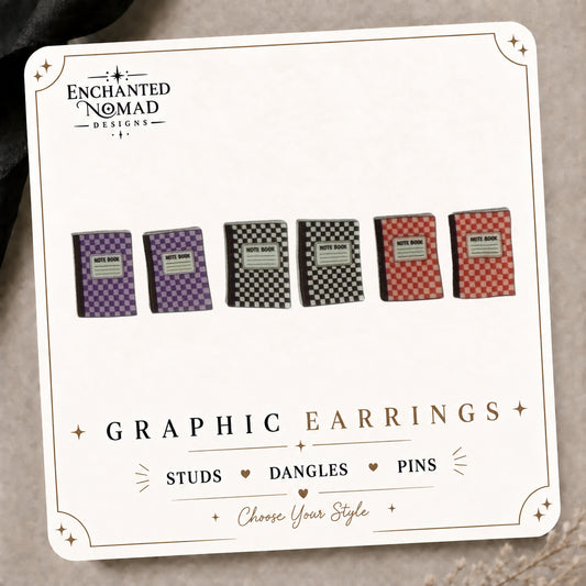 Purple & Orange Checkerboard Notebook Stud Earrings on the tilted Enchanted Nomad Designs card