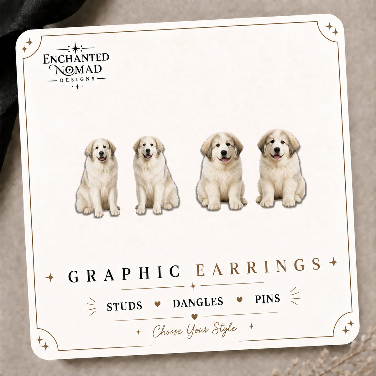 Pyrenees Dog & Puppy Stud Earrings on the tilted Enchanted Nomad Designs card