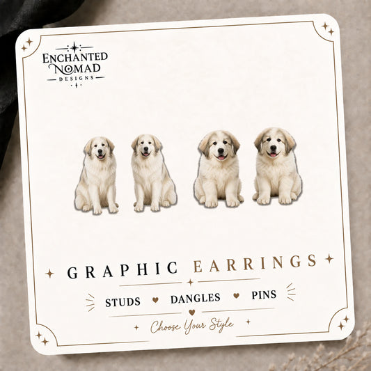 Pyrenees Dog & Puppy Stud Earrings on the tilted Enchanted Nomad Designs card