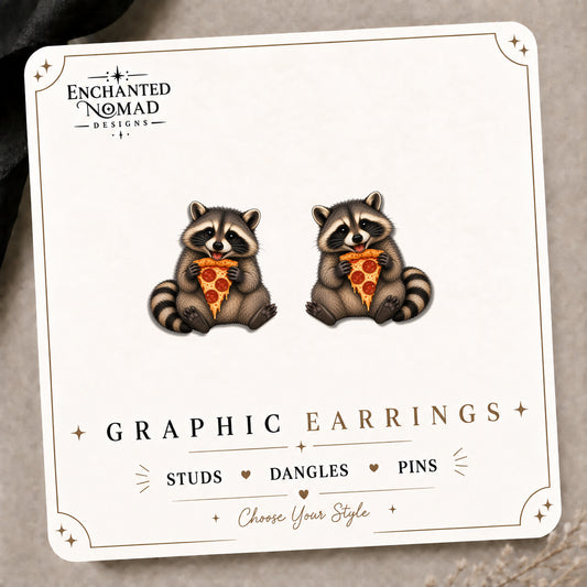 Raccoon Pizza Stud Earrings on the tilted Enchanted Nomad Designs card