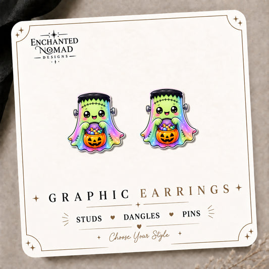 Rainbow Frankenstein Stud Earrings on the tilted Enchanted Nomad Designs card
