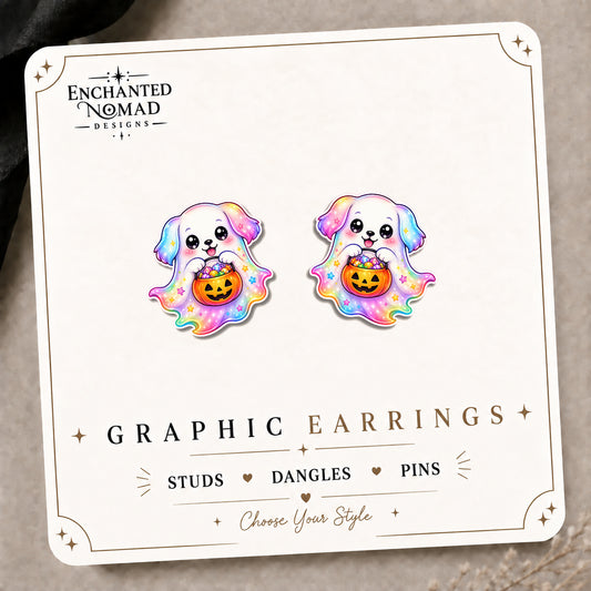 Rainbow Ghost Dog Stud Earrings on the tilted Enchanted Nomad Designs card
