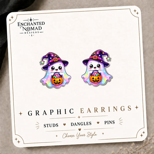 Rainbow Witch Hat Ghost Stud Earrings on the tilted Enchanted Nomad Designs card