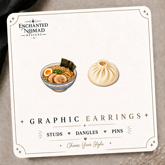 Ramen and Soup Dumpling Stud Earrings on the tilted Enchanted Nomad Designs card