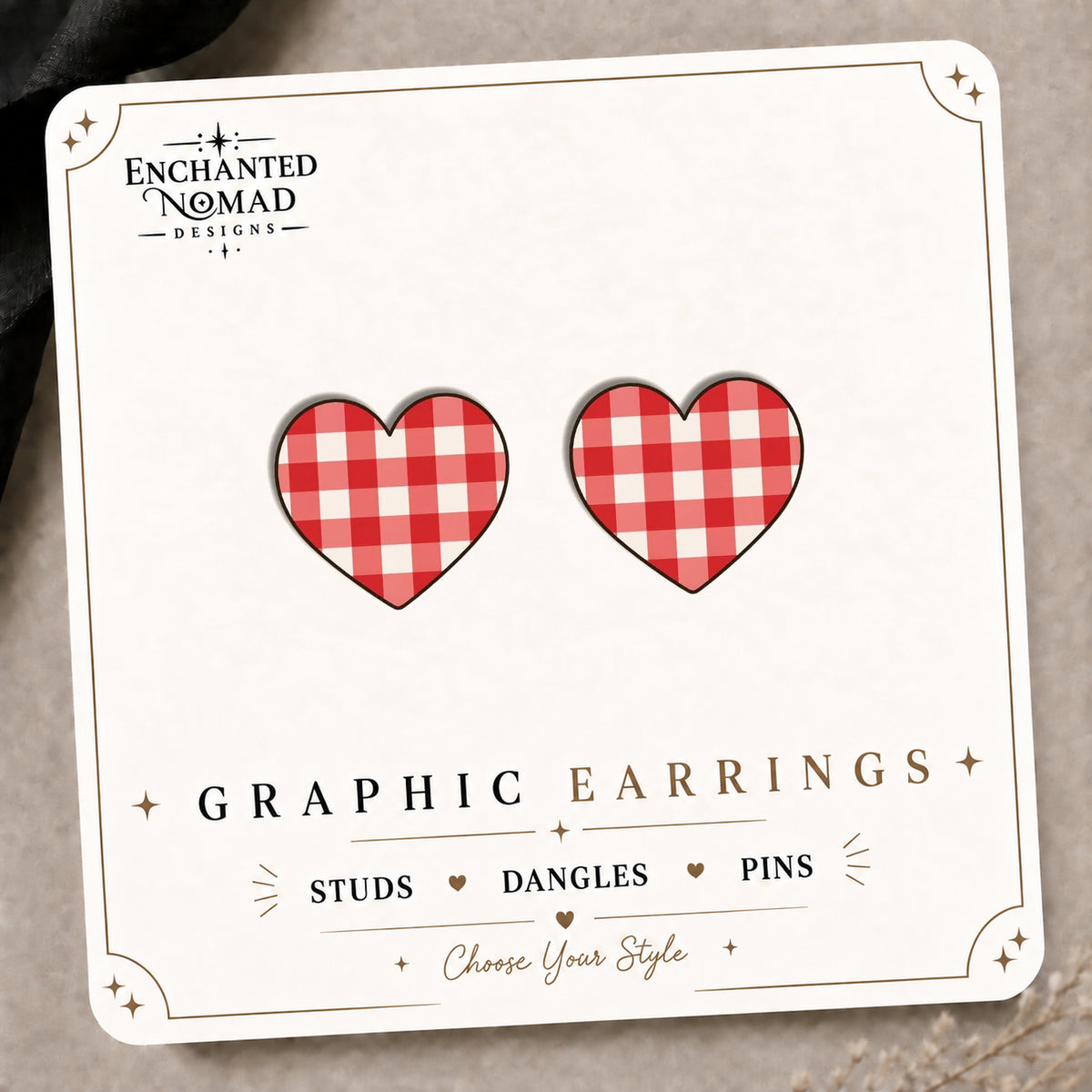 Red Gingham Heart Stud Earrings on the tilted Enchanted Nomad Designs card