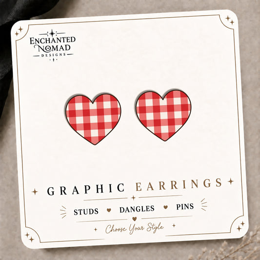 Red Gingham Heart Stud Earrings on the tilted Enchanted Nomad Designs card