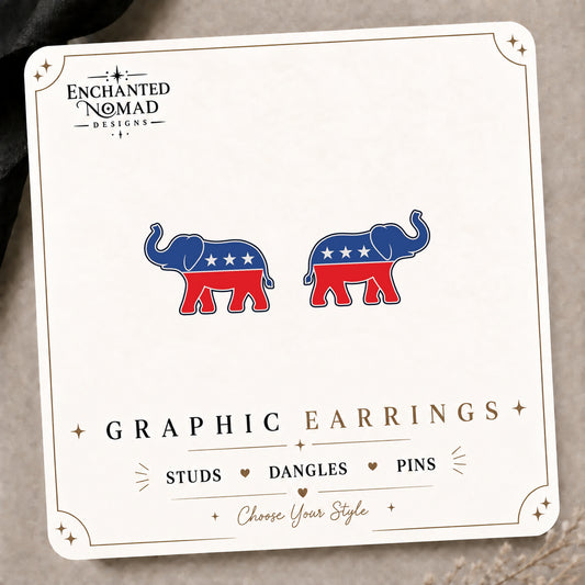 Republican Elephant Stud Earrings on the tilted Enchanted Nomad Designs card