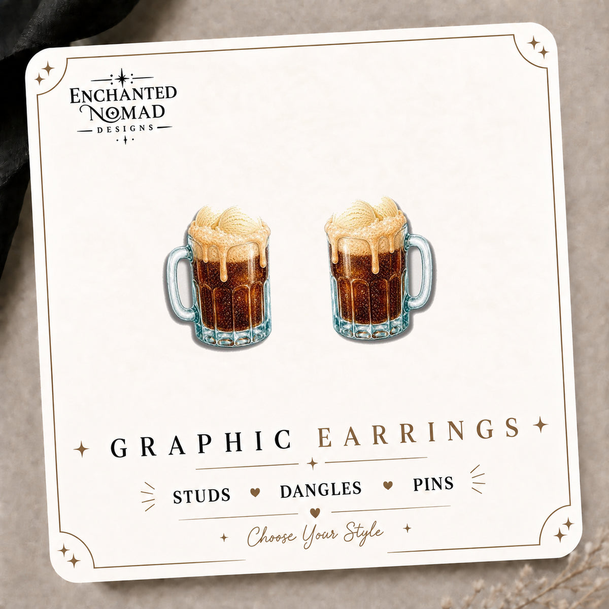 Root Beer Float Stud Earrings on the tilted Enchanted Nomad Designs card