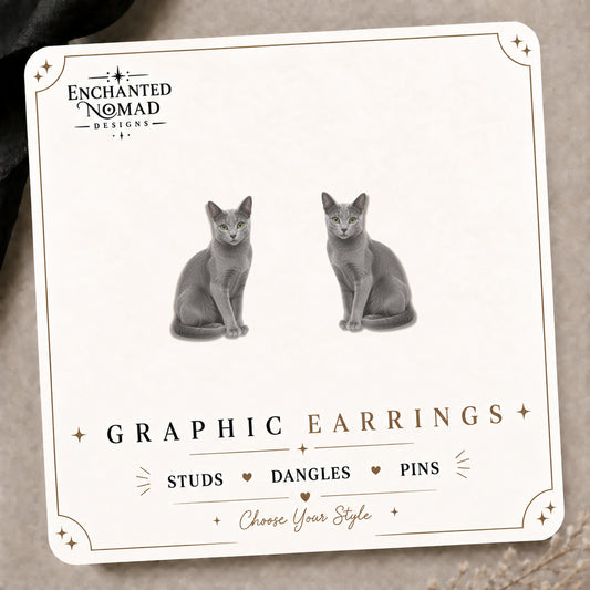 Russian Blue Cat Stud Earrings on the tilted Enchanted Nomad Designs card