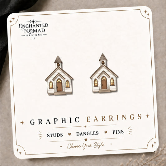 Rustic Church Stud Earrings on the tilted Enchanted Nomad Designs card