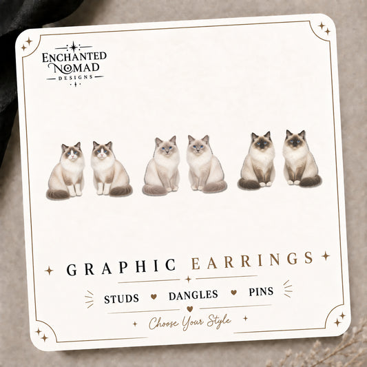 Seal Bicolor Ragdoll Cat Stud Earrings on the tilted Enchanted Nomad Designs card