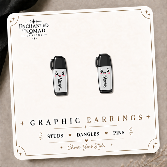 Sharpie Marker Stud Earrings on the tilted Enchanted Nomad Designs card