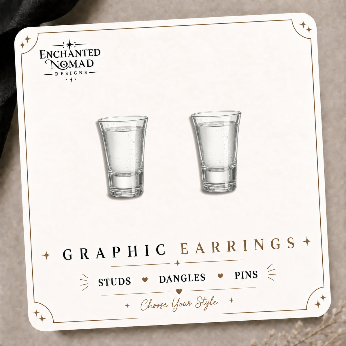 Shot Glass Stud Earrings on the tilted Enchanted Nomad Designs card