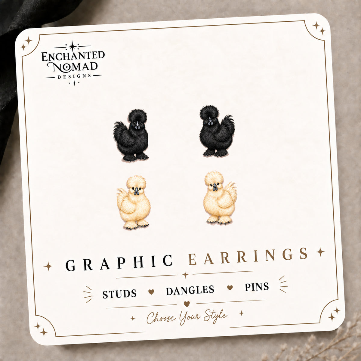 Silkie Chicken Graphic Earrings on the tilted Enchanted Nomad Designs card