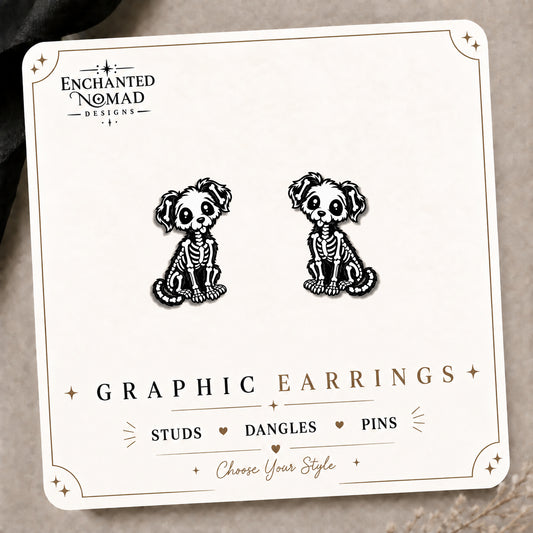 Skeleton Dog Stud Earrings on the tilted Enchanted Nomad Designs card