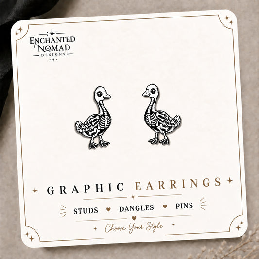 Skeleton Goose Stud Earrings on the tilted Enchanted Nomad Designs card