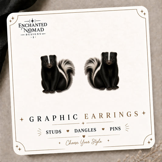 Skunk Stud Earrings on the tilted Enchanted Nomad Designs card