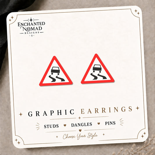 Slippery Road Sign Stud Earrings on the tilted Enchanted Nomad Designs card