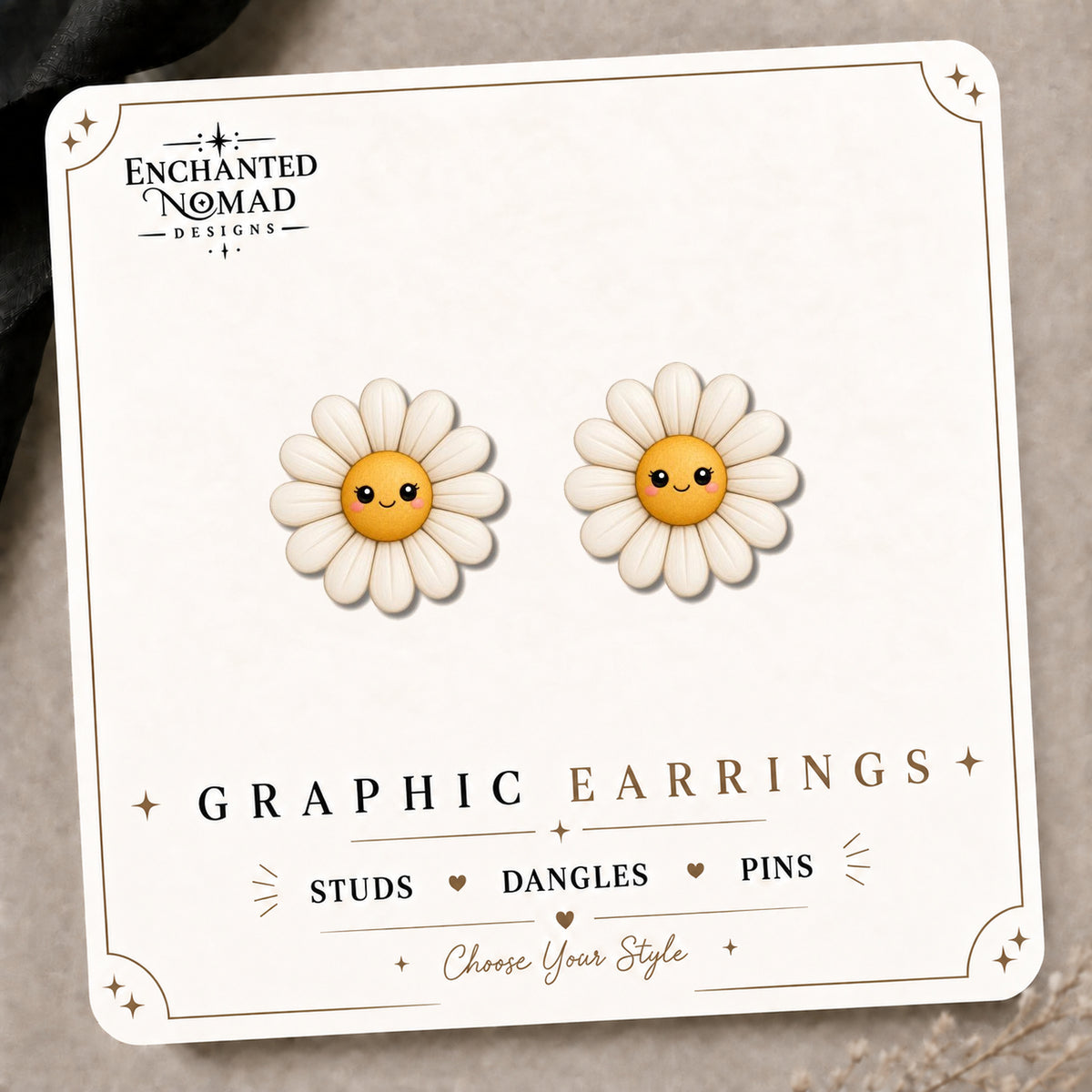 Smiley Daisy Flower Stud Earrings on the tilted Enchanted Nomad Designs card