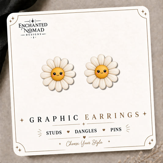 Smiley Daisy Flower Stud Earrings on the tilted Enchanted Nomad Designs card
