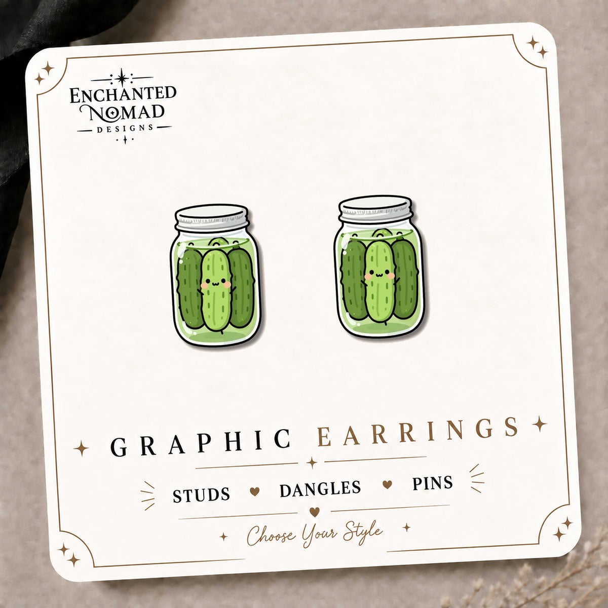 Smiling Pickle Jar Stud Earrings on the tilted Enchanted Nomad Designs card