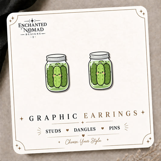 Smiling Pickle Jar Stud Earrings on the tilted Enchanted Nomad Designs card