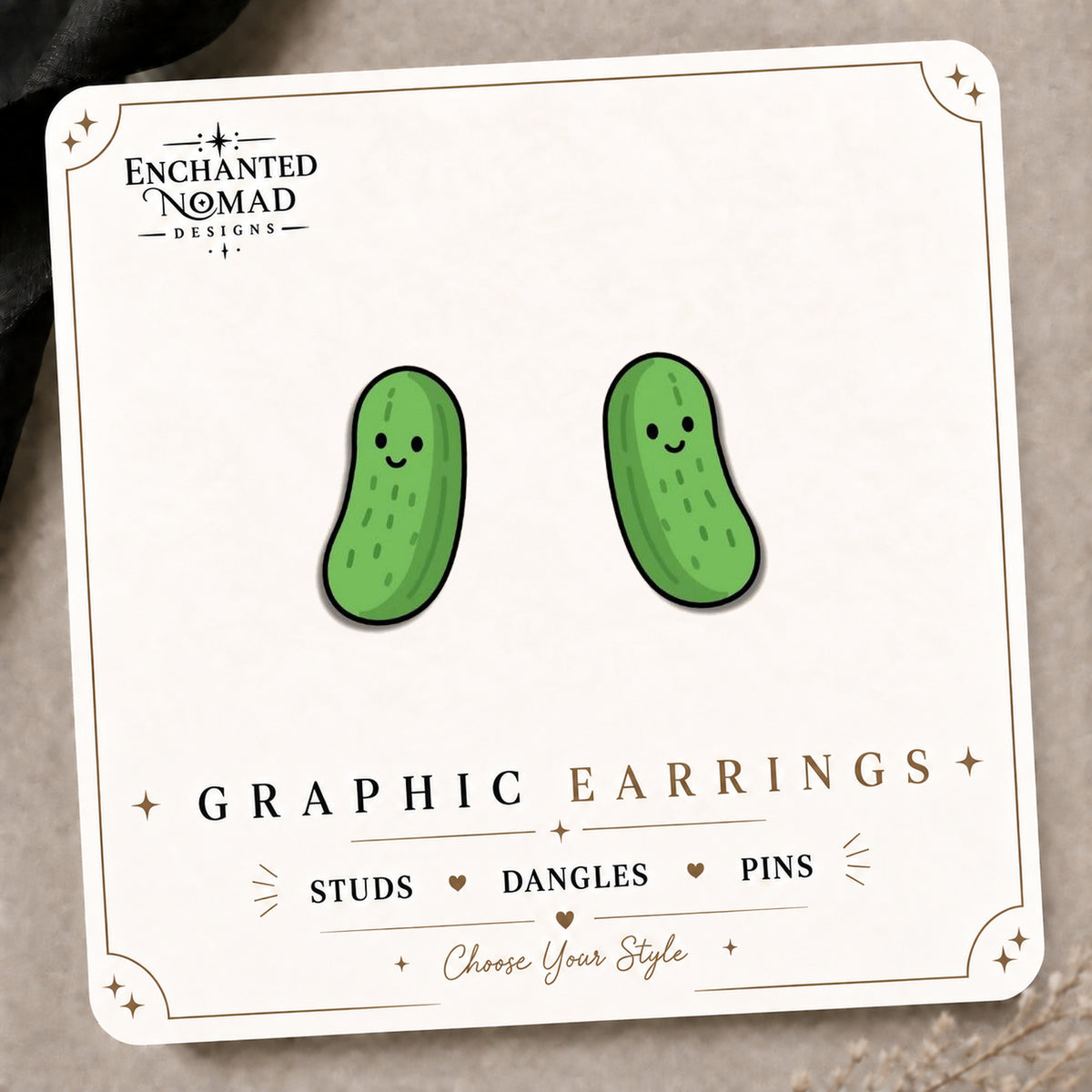 Smiling Pickle Stud Earrings on the tilted Enchanted Nomad Designs card