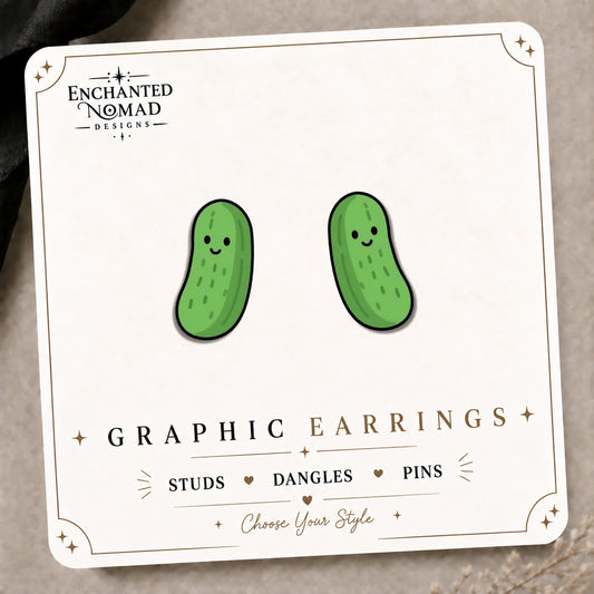 Smiling Pickle Stud Earrings on the tilted Enchanted Nomad Designs card