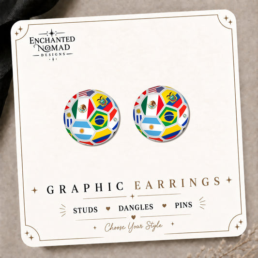 Soccer Ball Flags Graphic Stud Earrings on the tilted Enchanted Nomad Designs card