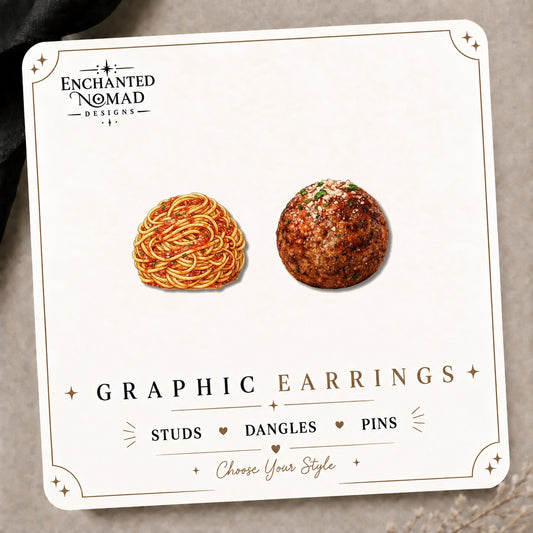 Spaghetti & Meatball Stud Earrings on the tilted Enchanted Nomad Designs card